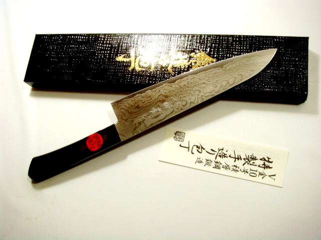 画像1: 【おとも付】田中一之　不錆V金10号 ステンダマスカス　剣型包丁　180mm　強化木柄